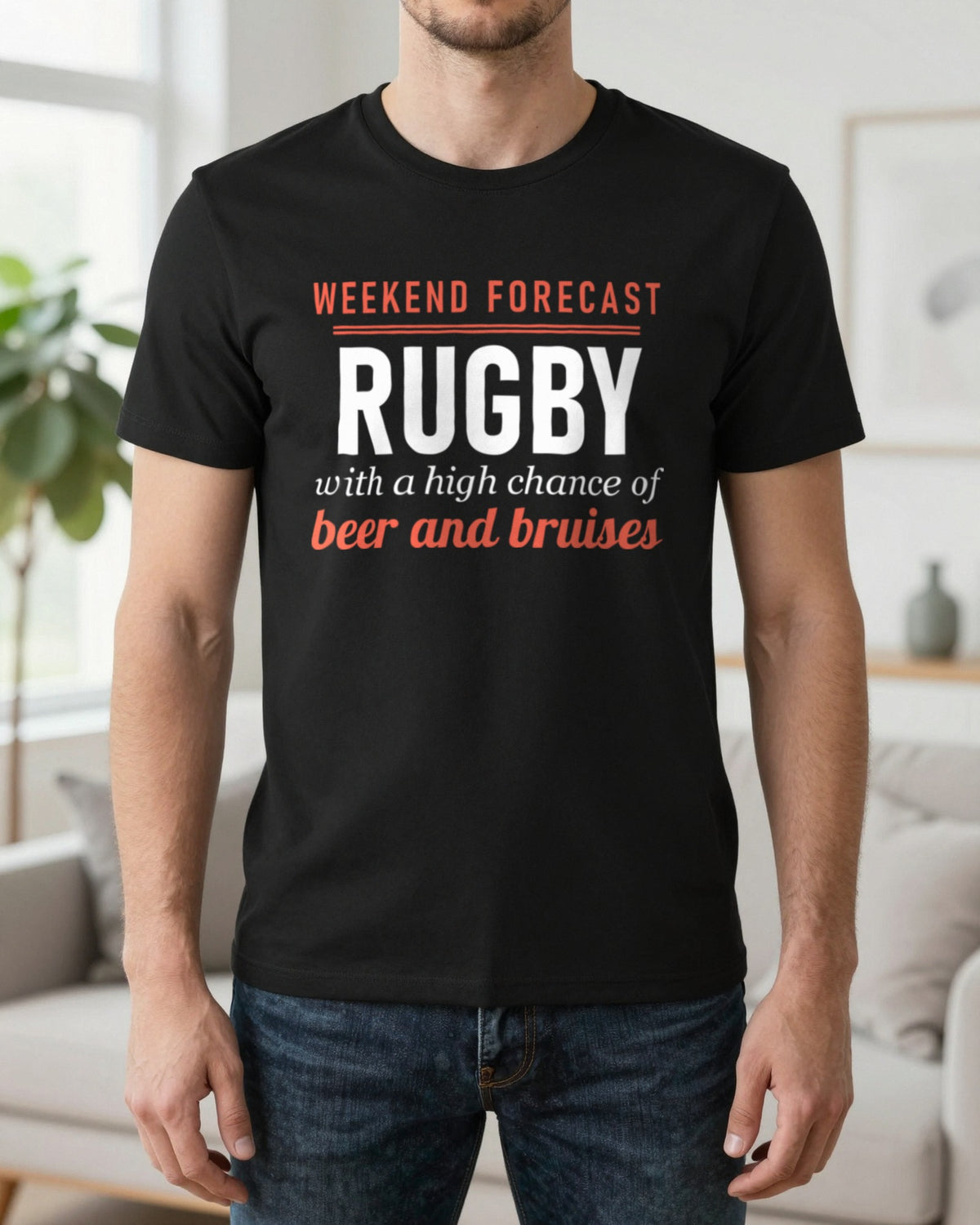 Weekend Forecast Rugby With A Chance Of Beer And Bruises Funny Rugby T-Shirt & Sweatshirt worn