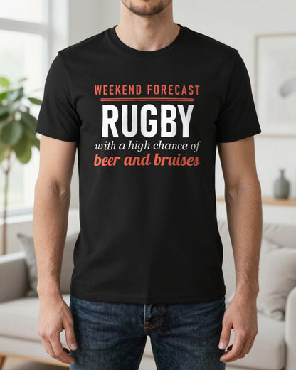 Weekend Forecast Rugby With A Chance Of Beer And Bruises Funny Rugby T-Shirt & Sweatshirt worn