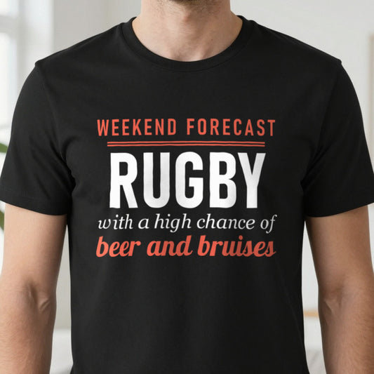 Weekend Forecast Rugby With A Chance Of Beer And Bruises Funny Rugby T-Shirt & Sweatshirt close-up
