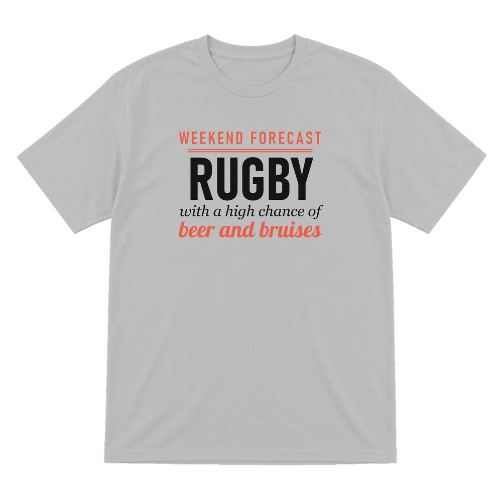 Weekend Forecast Rugby With A Chance Of Beer And Bruises Funny Rugby T-Shirt & Sweatshirt T-Shirt in Sport Grey