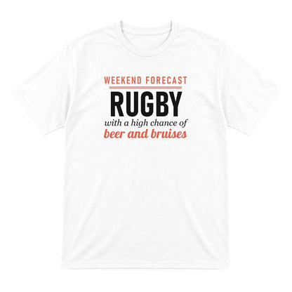 Weekend Forecast Rugby With A Chance Of Beer And Bruises Funny Rugby T-Shirt & Sweatshirt T-Shirt in White