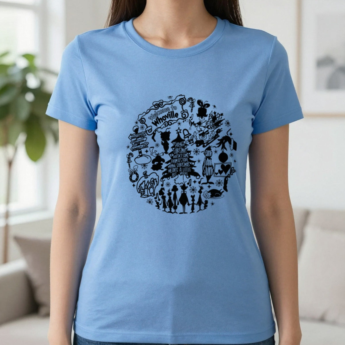 Welcome To Whoville Christmas Collage T-Shirt & Sweatshirt in Carolina Blue, worn, our photo