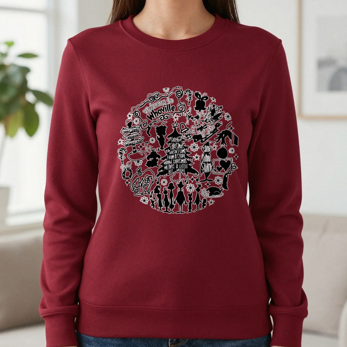 Welcome To Whoville Christmas Collage T-Shirt & Sweatshirt in Cherry Red, worn, our photo
