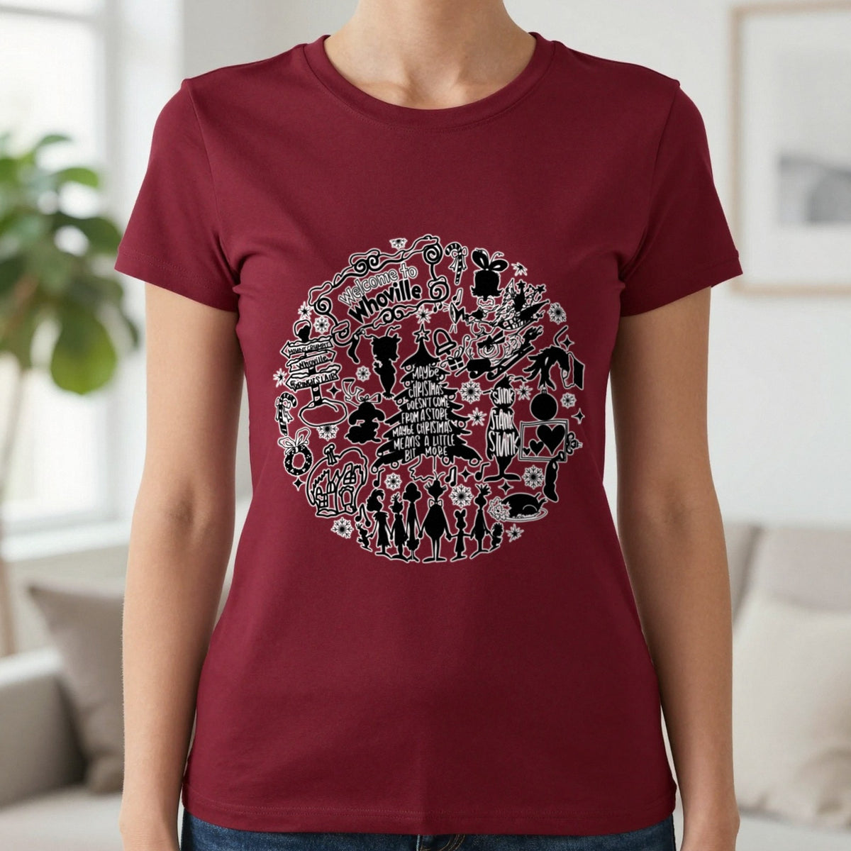 Welcome To Whoville Christmas Collage T-Shirt & Sweatshirt in Cherry Red, worn, our photo