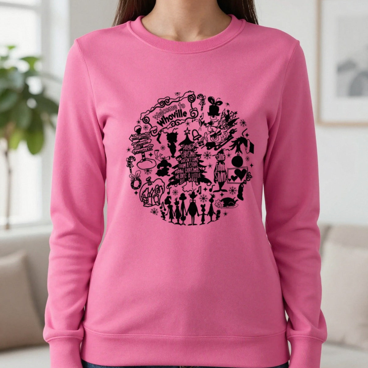 Welcome To Whoville Christmas Collage T-Shirt & Sweatshirt in Heliconia, worn, our photo