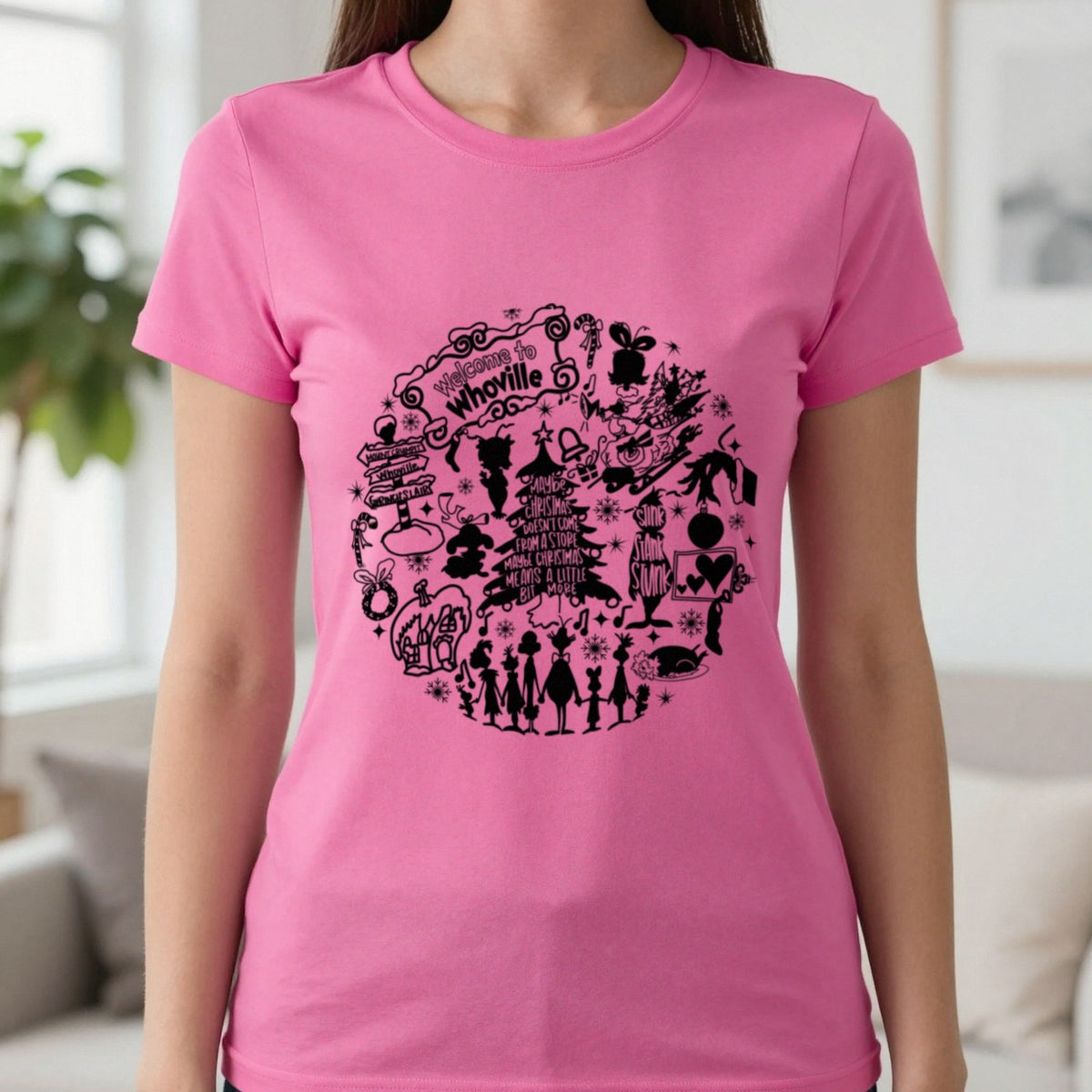 Welcome To Whoville Christmas Collage T-Shirt & Sweatshirt in Heliconia, worn, our photo