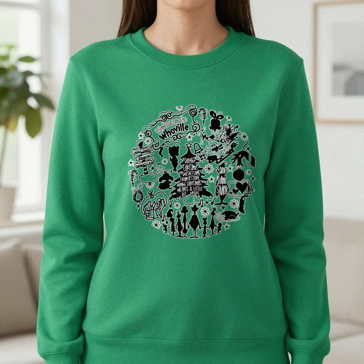 Welcome To Whoville Christmas Collage T-Shirt & Sweatshirt in Irish Green, worn, our photo