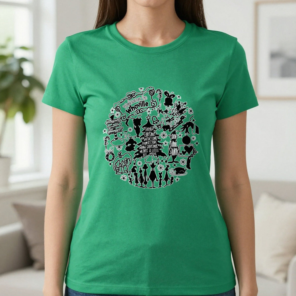 Welcome To Whoville Christmas Collage T-Shirt & Sweatshirt in Irish Green, worn, our photo