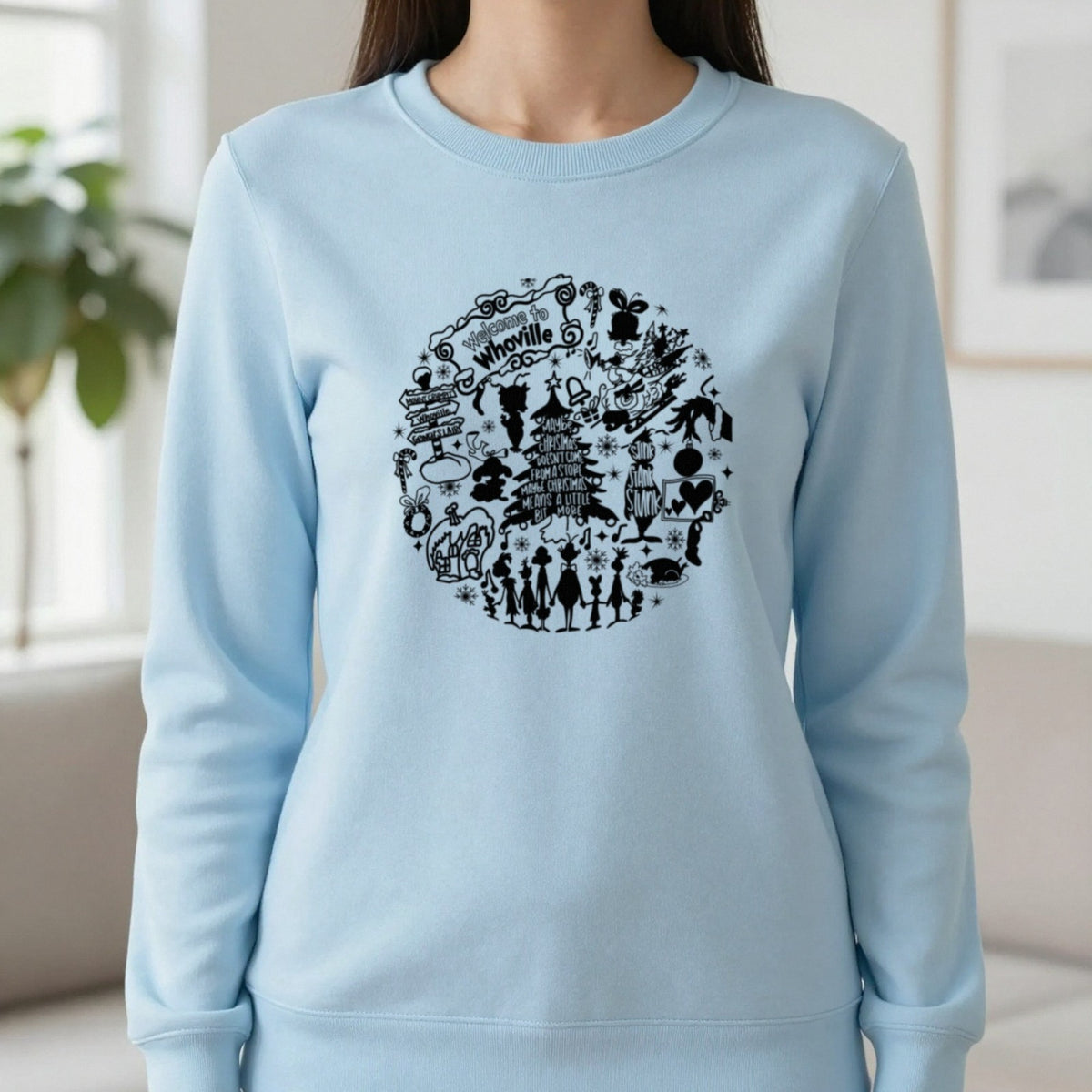 Welcome To Whoville Christmas Collage T-Shirt & Sweatshirt in Light Blue, worn, our photo