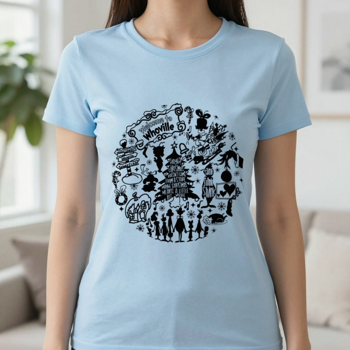 Welcome To Whoville Christmas Collage T-Shirt & Sweatshirt in Light Blue, worn, our photo
