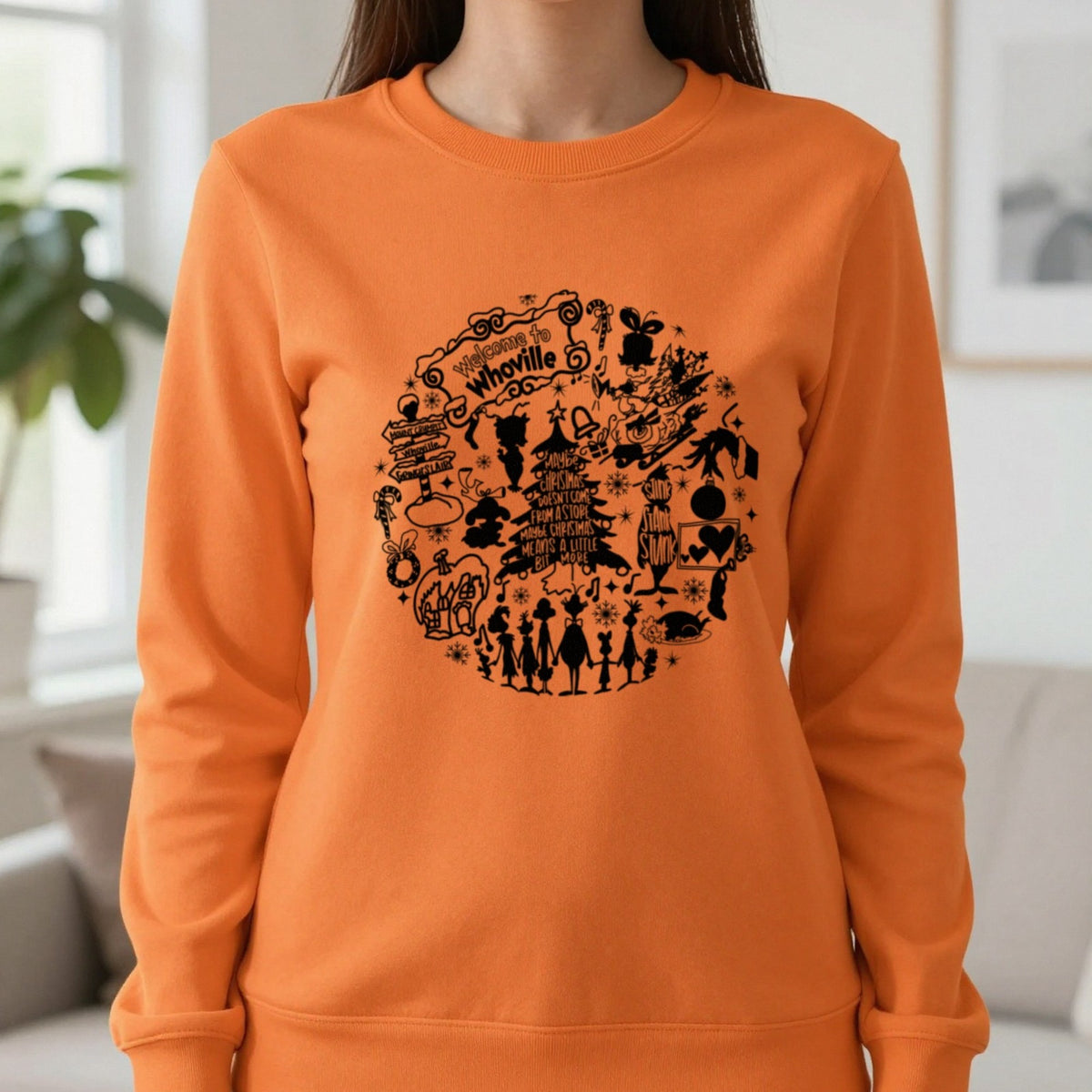 Welcome To Whoville Christmas Collage T-Shirt & Sweatshirt in Orange, worn, our photo