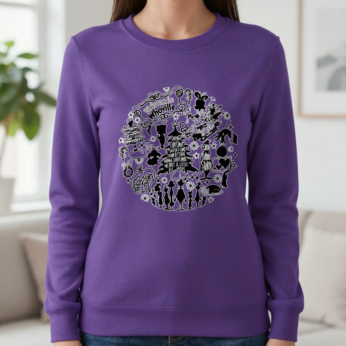 Welcome To Whoville Christmas Collage T-Shirt & Sweatshirt in Purple, worn, our photo