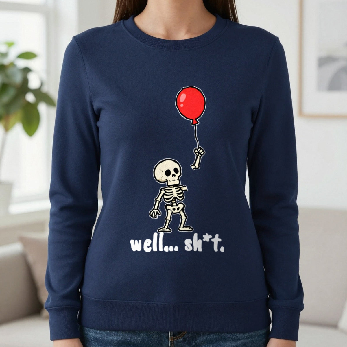 Well Sh*t Skeleton Balloon T-Shirt & Sweatshirt in Navy (Sweatshirt), worn, our photo