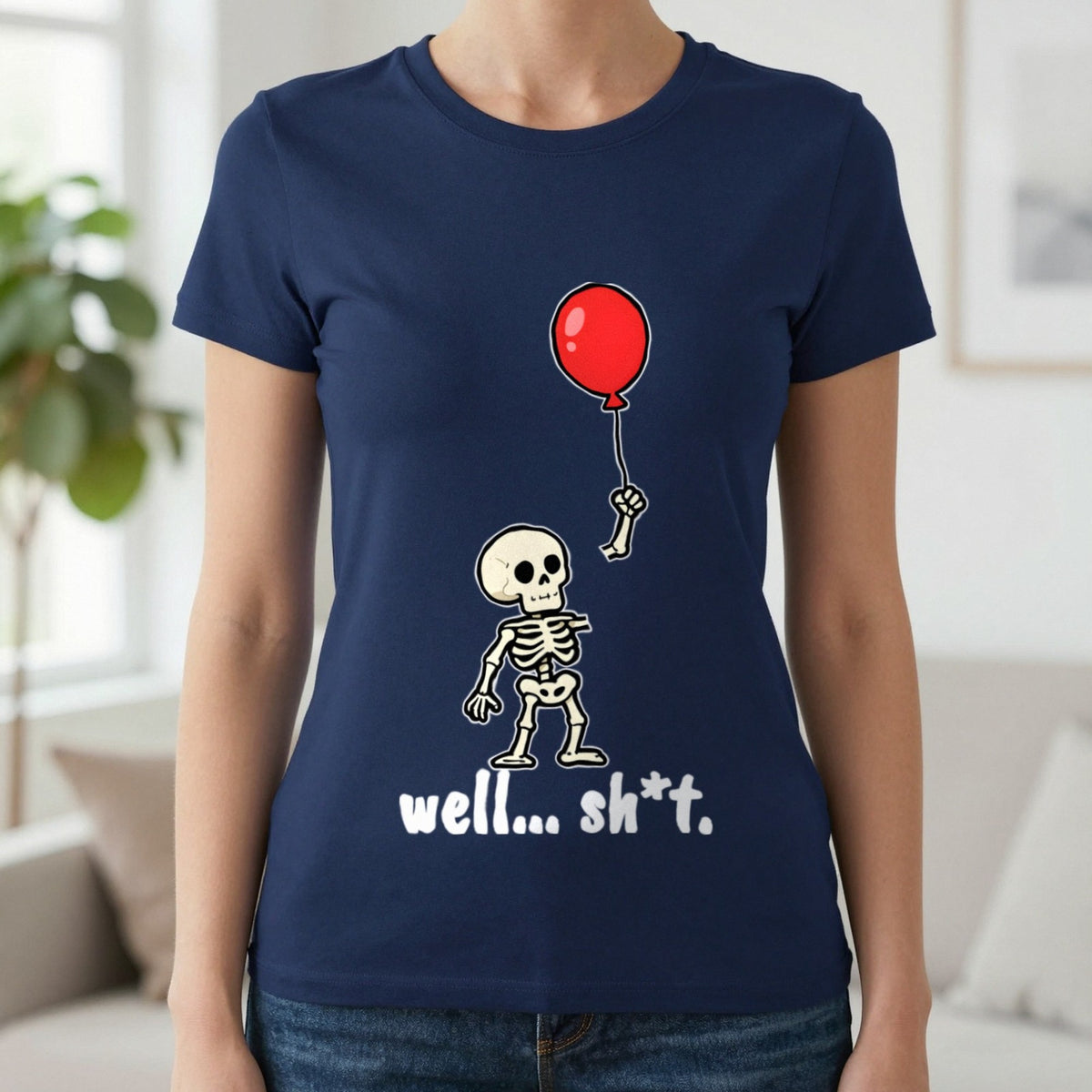 Well Sh*t Skeleton Balloon T-Shirt & Sweatshirt in Navy (T-Shirt), worn, our photo