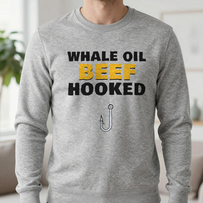 Whale Oil Beef Hooked Funny Fishing T-Shirt & Sweatshirt in Sport Grey (Sweatshirt), worn, our photo
