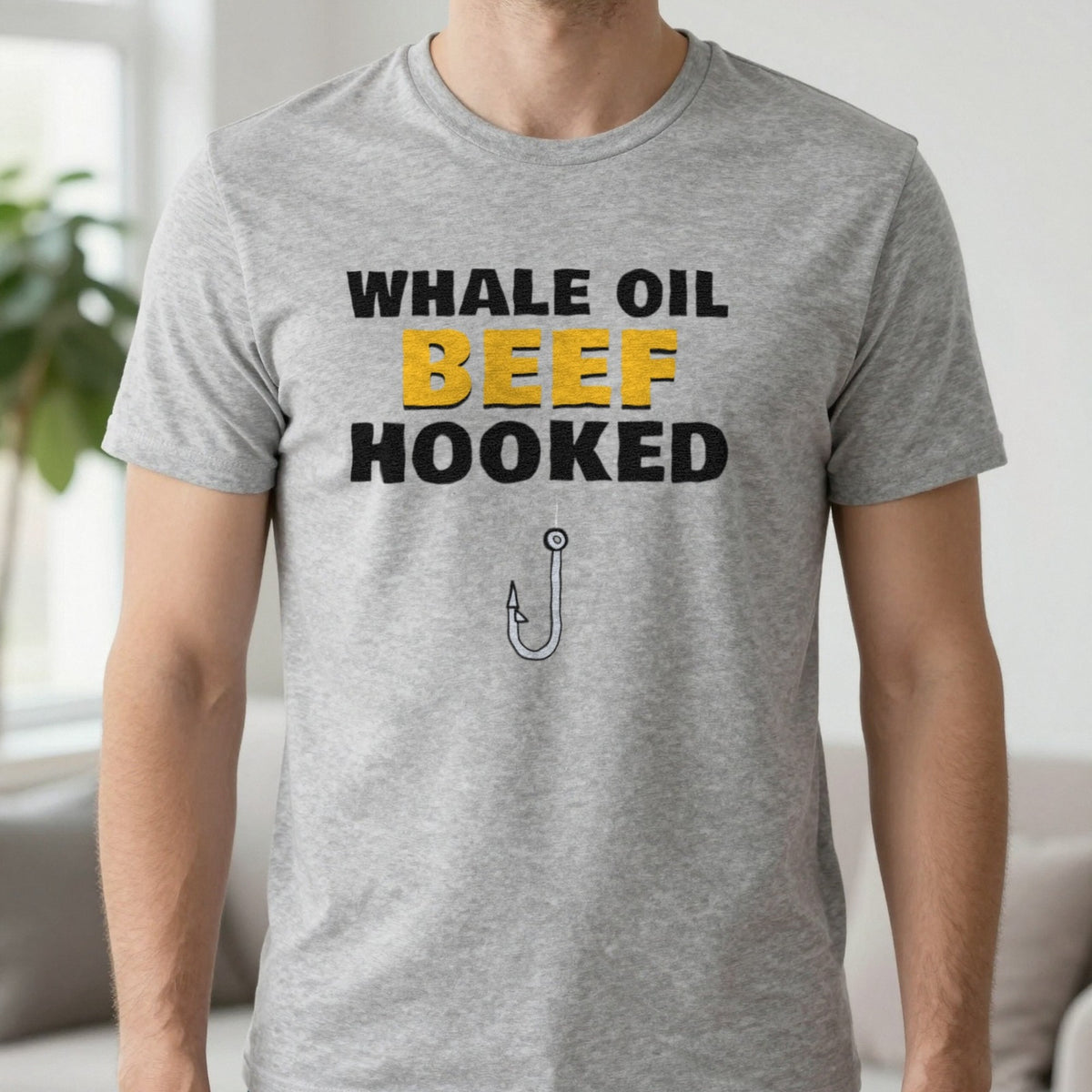 Whale Oil Beef Hooked Funny Fishing T-Shirt & Sweatshirt in Sport Grey (T-Shirt), worn, our photo