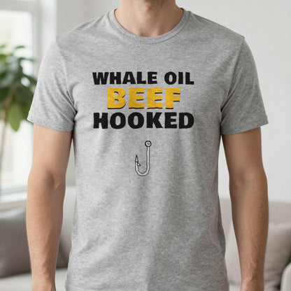 Whale Oil Beef Hooked Funny Fishing T-Shirt & Sweatshirt in Sport Grey (T-Shirt), worn, our photo