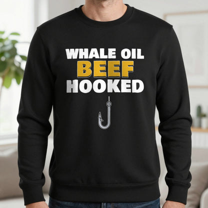 Whale Oil Beef Hooked Funny Fishing T-Shirt & Sweatshirt in Black (Sweatshirt), worn, our photo