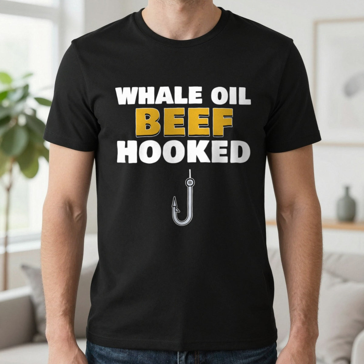 Whale Oil Beef Hooked Funny Fishing T-Shirt & Sweatshirt in Black (T-Shirt), worn, our photo
