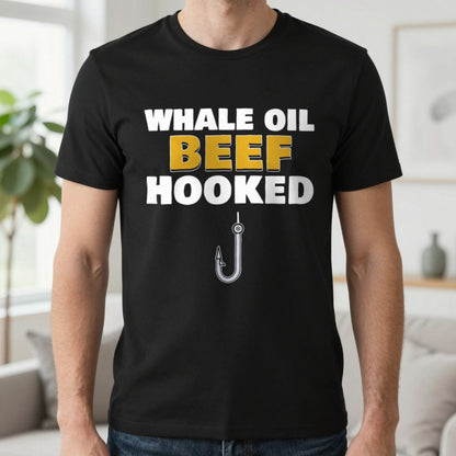 Whale Oil Beef Hooked Funny Fishing T-Shirt & Sweatshirt in Black (T-Shirt), worn, our photo