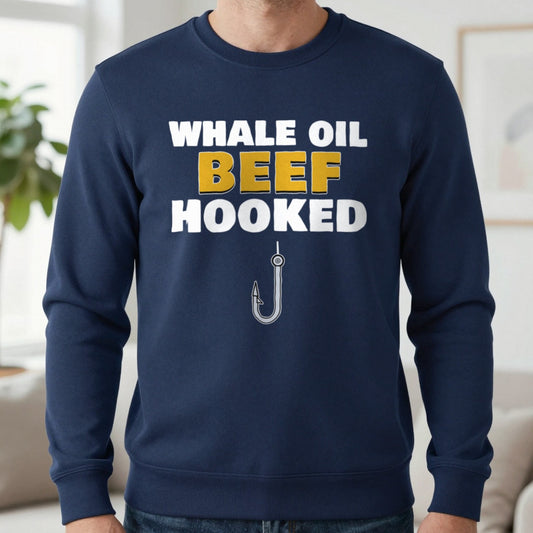 Whale Oil Beef Hooked Funny Fishing T-Shirt & Sweatshirt in Navy (Sweatshirt), worn, our photo