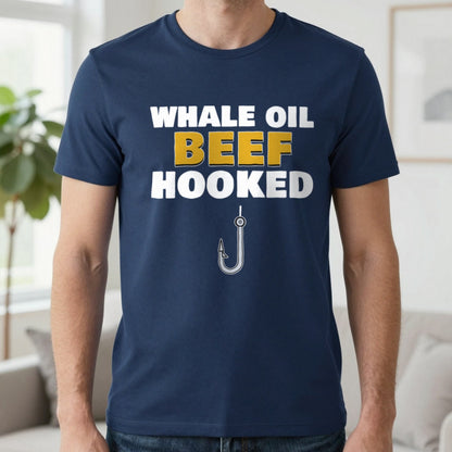 Whale Oil Beef Hooked Funny Fishing T-Shirt & Sweatshirt in Navy (T-Shirt), worn, our photo