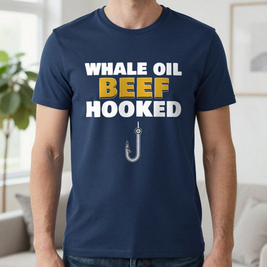Whale Oil Beef Hooked Funny Fishing T-Shirt & Sweatshirt in Navy (T-Shirt), worn, our photo