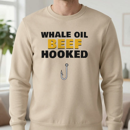 Whale Oil Beef Hooked Funny Fishing T-Shirt & Sweatshirt in Sand (Sweatshirt), worn, our photo