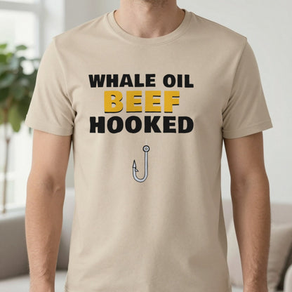 Whale Oil Beef Hooked Funny Fishing T-Shirt & Sweatshirt in Sand (T-Shirt), worn, our photo
