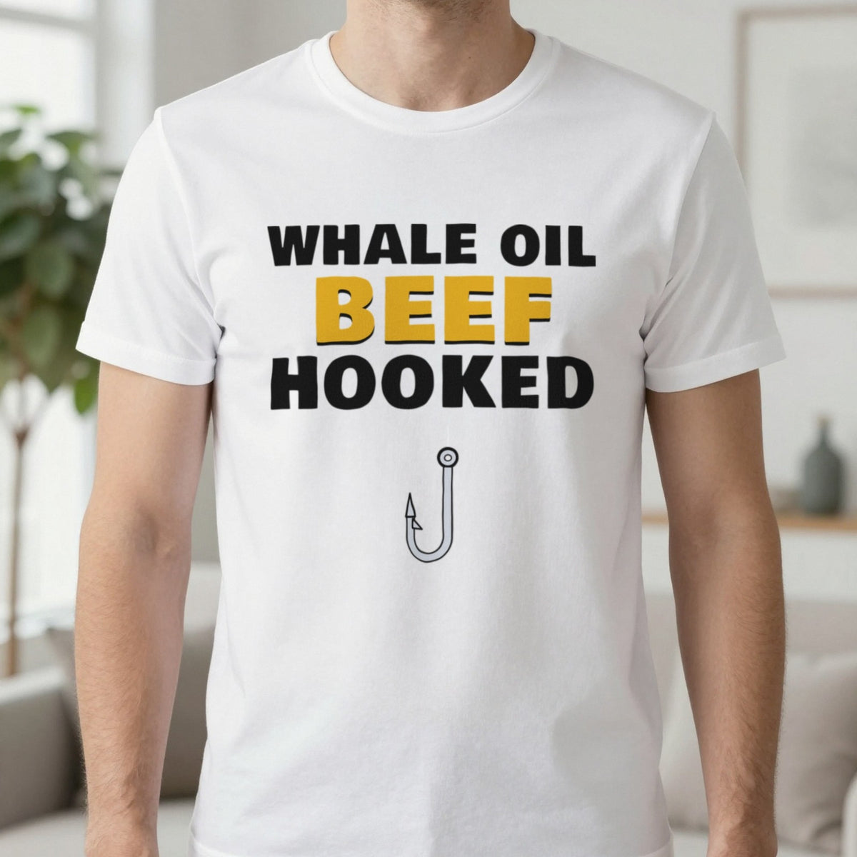 Whale Oil Beef Hooked Funny Fishing T-Shirt & Sweatshirt in White (T-Shirt), worn, our photo