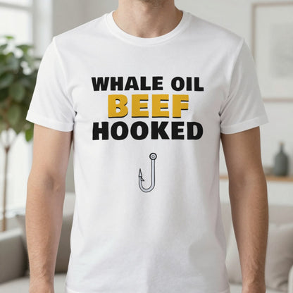 Whale Oil Beef Hooked Funny Fishing T-Shirt & Sweatshirt in White (T-Shirt), worn, our photo