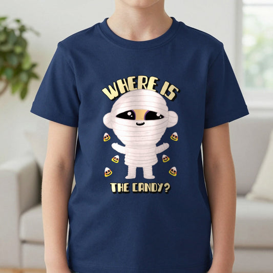 Where Is The Candy Halloween Mummy Kids T-Shirt in Navy, worn, our photo
