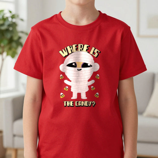 Where Is The Candy Halloween Mummy Kids T-Shirt in Red, worn, our photo