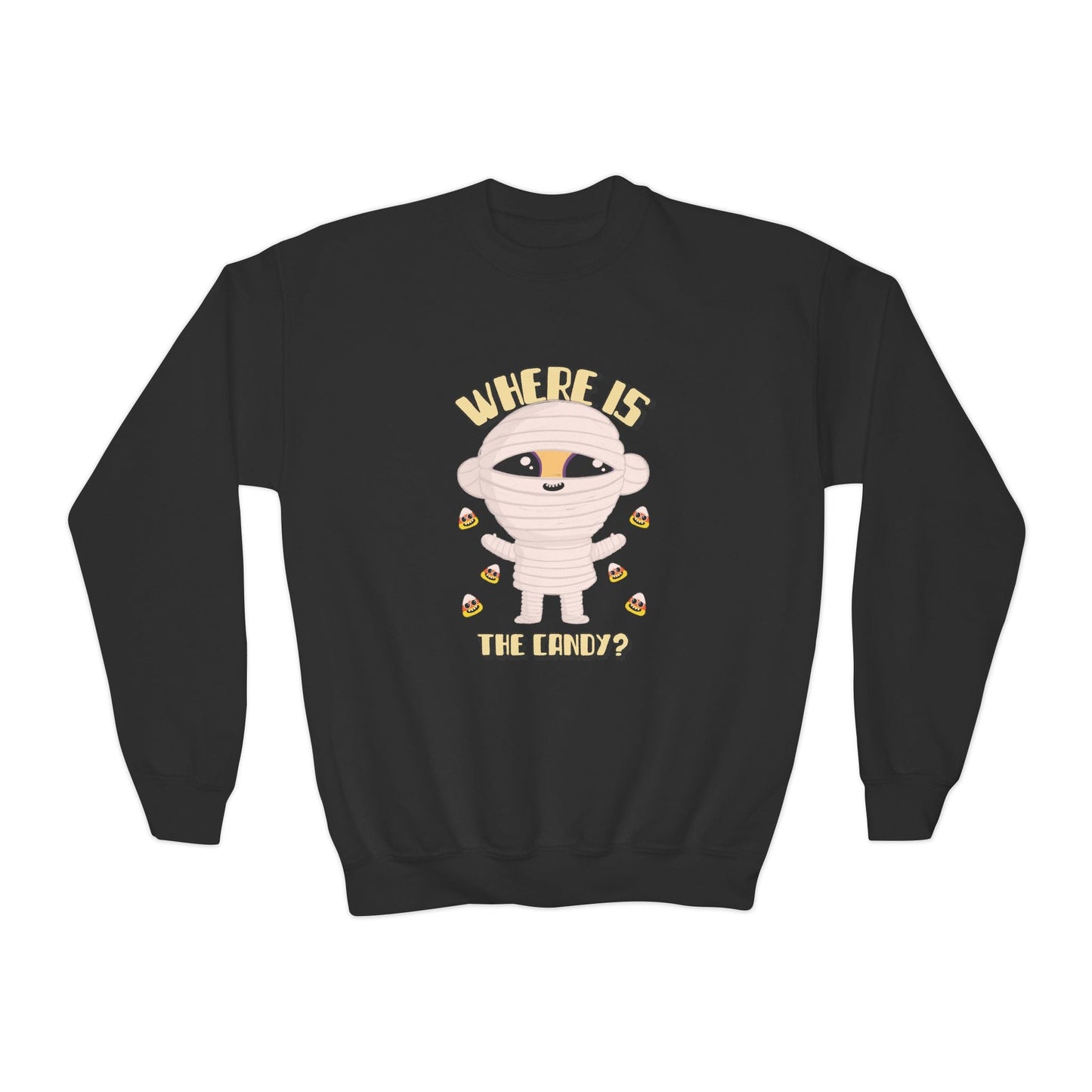 Where Is The Candy Mummy Kids Halloween Sweatshirt Black / XS gift_idea unique_gift personalised_gift