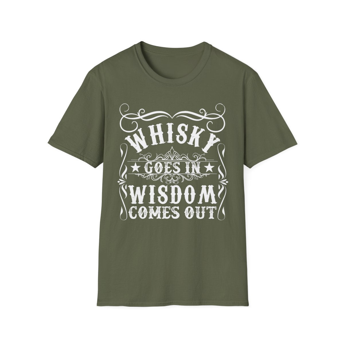 Whisky Goes In Wisdom Comes Out T-Shirt - funny t-shirt by Cheeky Business