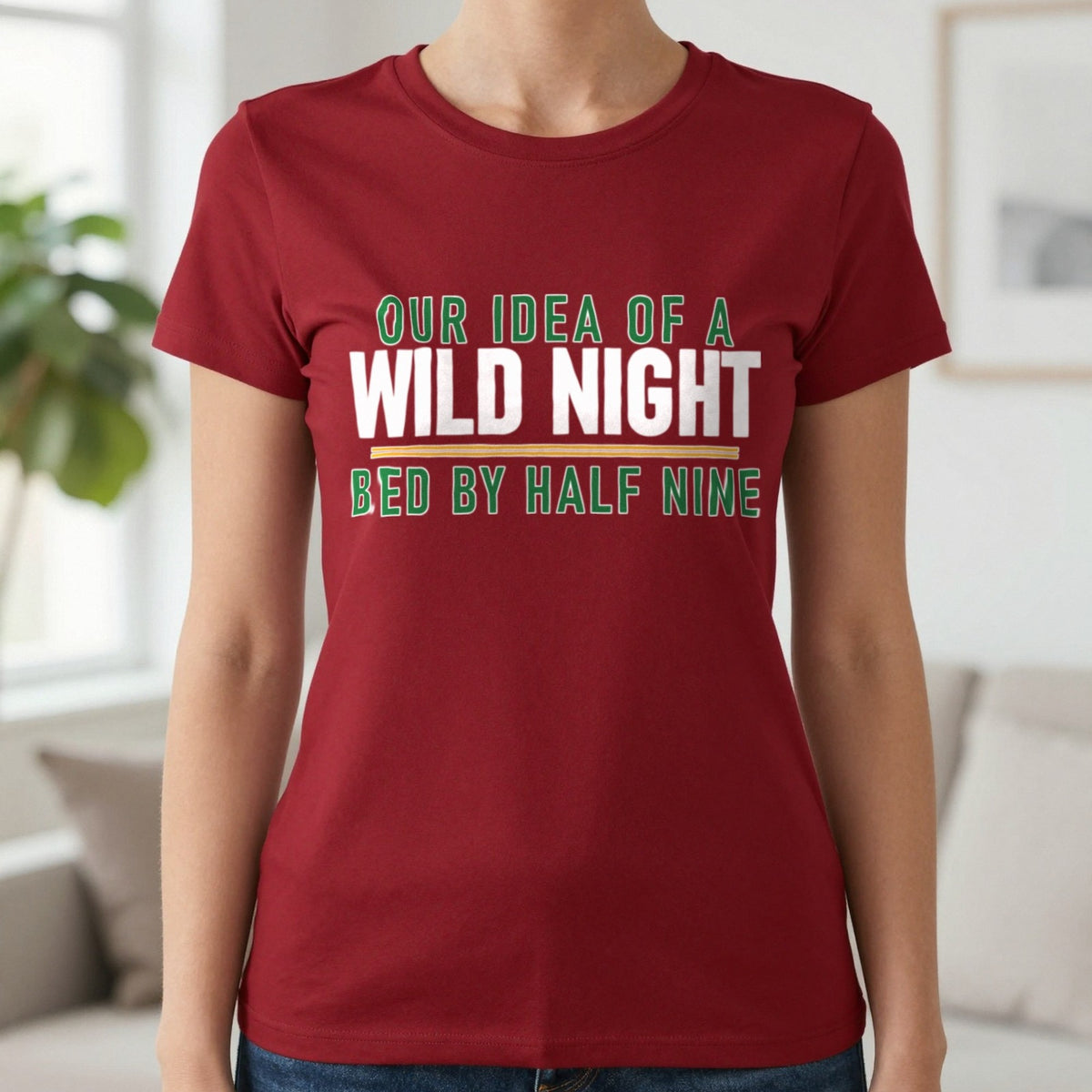 Our Idea Of A Wild Night Bed By Half Nine Funny Couples T-Shirt & Sweatshirt in Cardinal Red, worn, our photo