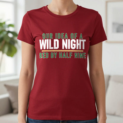 Our Idea Of A Wild Night Bed By Half Nine Funny Couples T-Shirt & Sweatshirt in Cardinal Red, worn, our photo