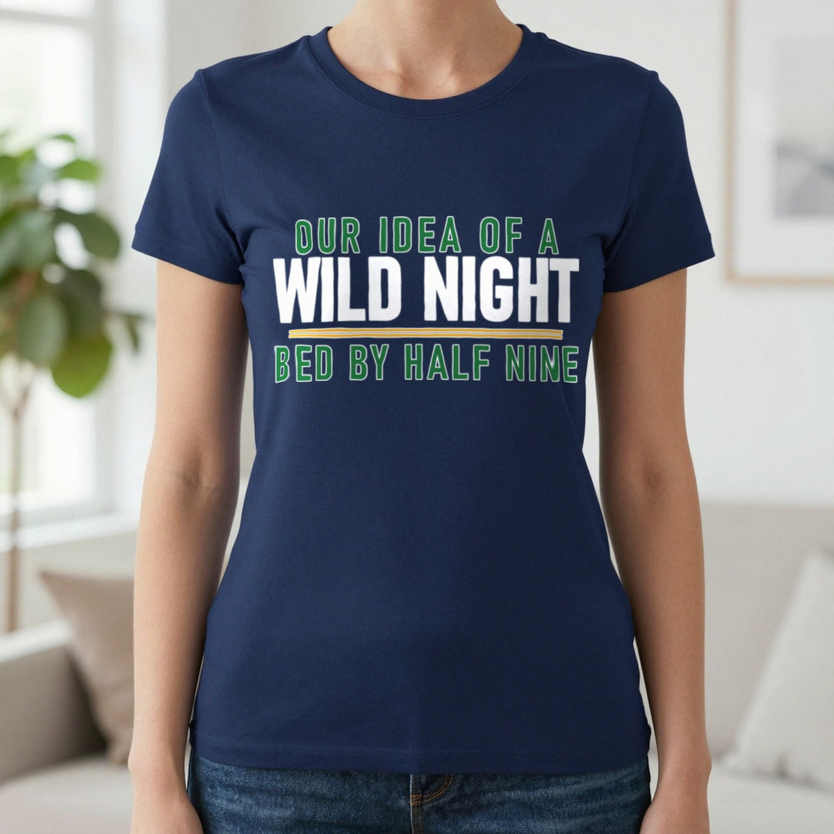 Our Idea Of A Wild Night Bed By Half Nine Funny Couples T-Shirt & Sweatshirt in Navy, worn, our photo
