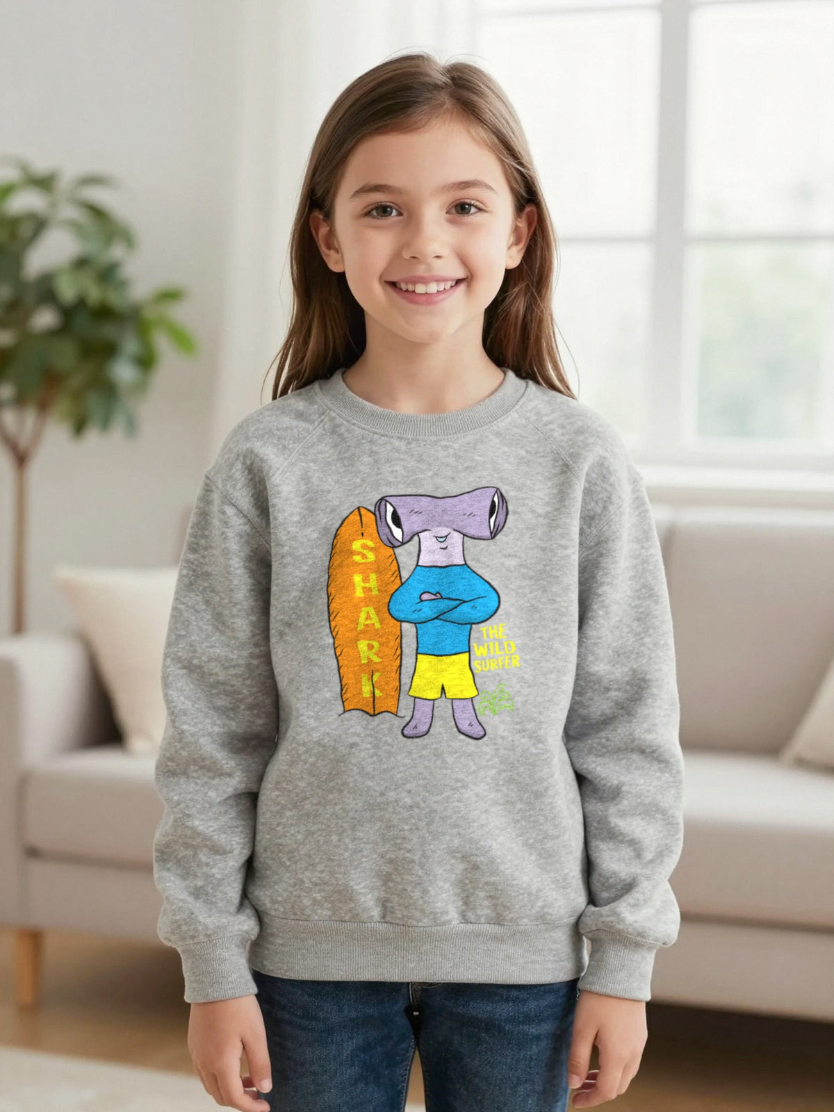 Kids Wild Surfer Shark T-Shirt & Sweatshirt worn by a child, another colour