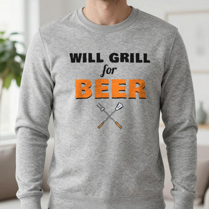 Will Grill For Beer Funny BBQ T-Shirt & Sweatshirt in Sport Grey (Sweatshirt), worn, our photo