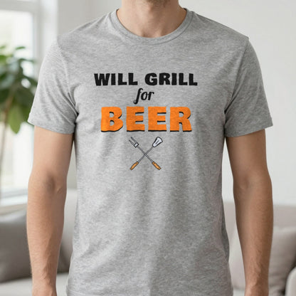 Will Grill For Beer Funny BBQ T-Shirt & Sweatshirt in Sport Grey (T-Shirt), worn, our photo