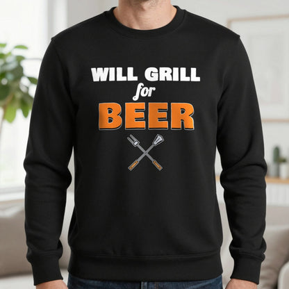 Will Grill For Beer Funny BBQ T-Shirt & Sweatshirt in Black (Sweatshirt), worn, our photo