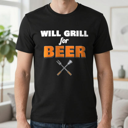 Will Grill For Beer Funny BBQ T-Shirt & Sweatshirt in Black (T-Shirt), worn, our photo