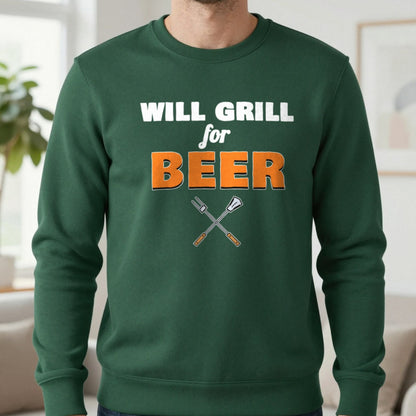 Will Grill For Beer Funny BBQ T-Shirt & Sweatshirt in Forest Green (Sweatshirt), worn, our photo