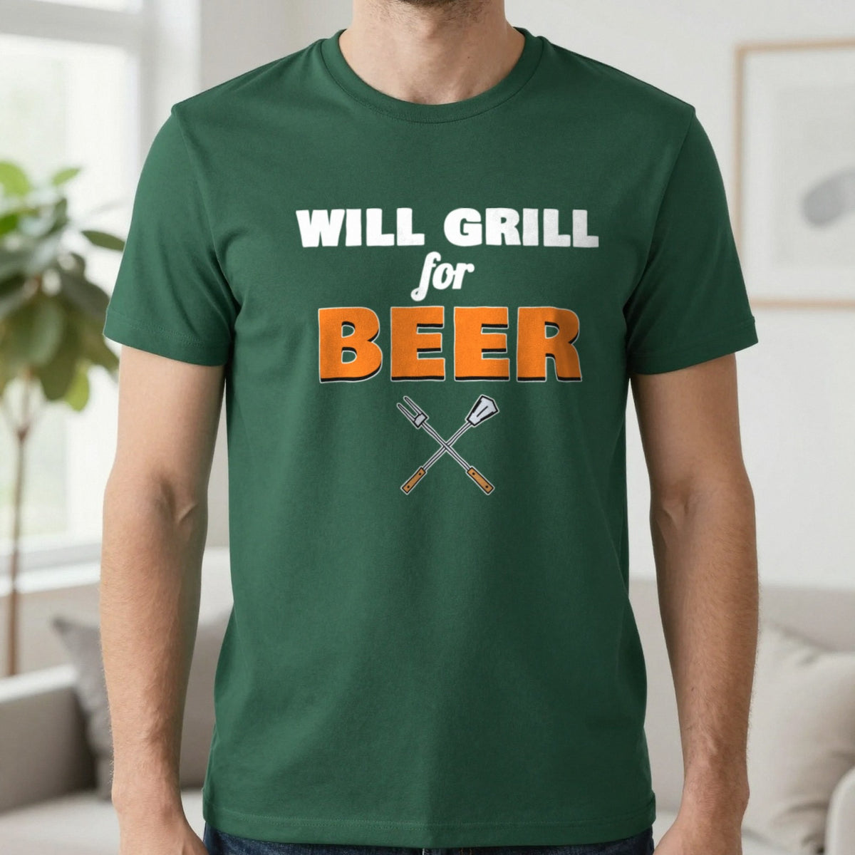 Will Grill For Beer Funny BBQ T-Shirt & Sweatshirt in Forest Green (T-Shirt), worn, our photo