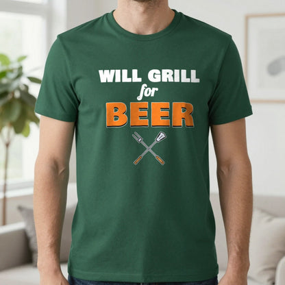 Will Grill For Beer Funny BBQ T-Shirt & Sweatshirt in Forest Green (T-Shirt), worn, our photo
