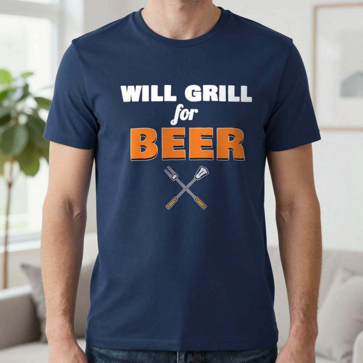 Will Grill For Beer Funny BBQ T-Shirt & Sweatshirt in Navy (T-Shirt), worn, our photo