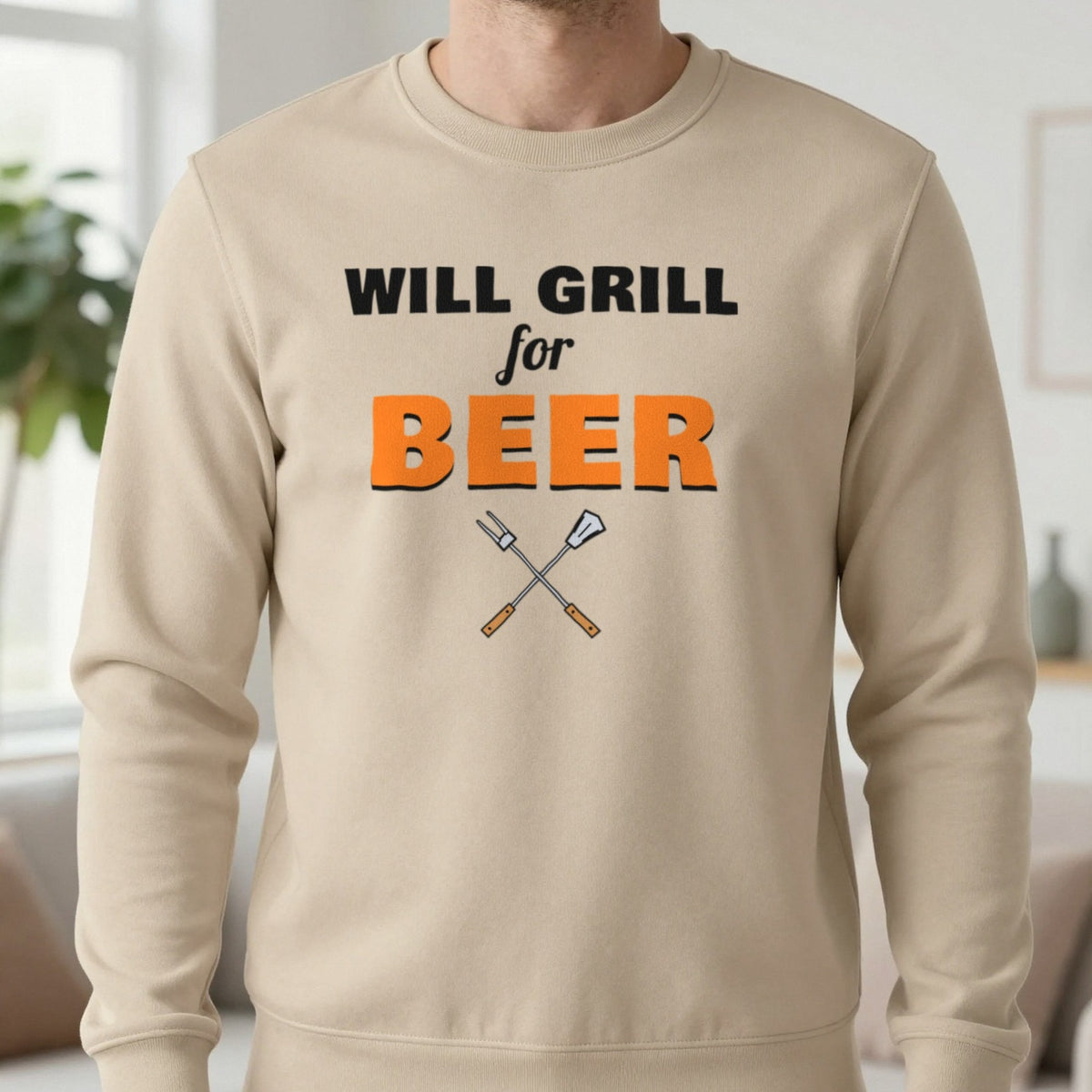 Will Grill For Beer Funny BBQ T-Shirt & Sweatshirt in Sand (Sweatshirt), worn, our photo
