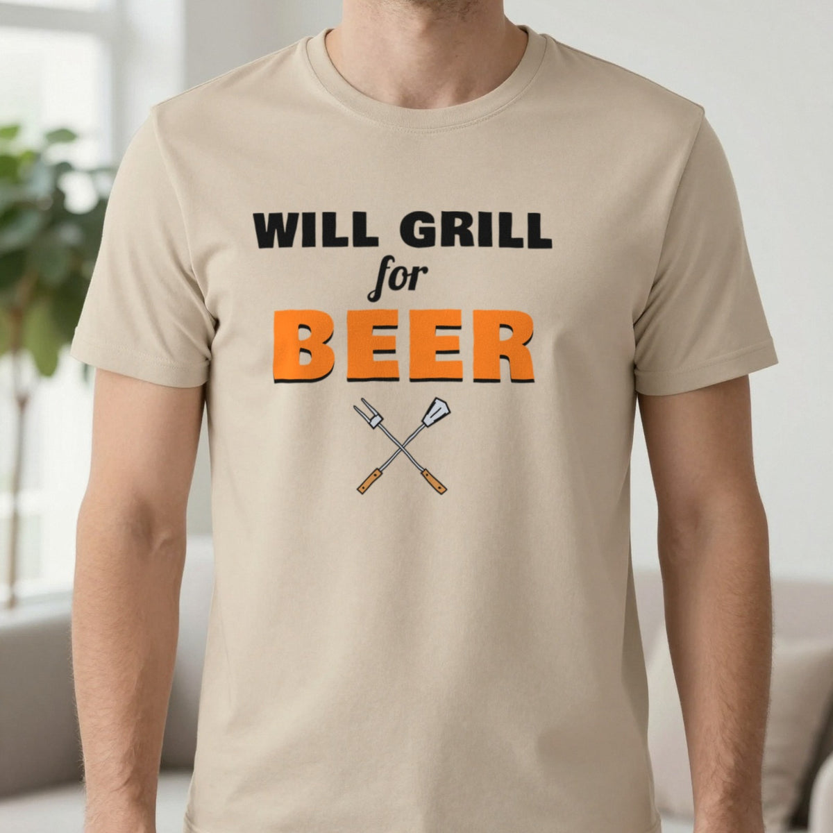 Will Grill For Beer Funny BBQ T-Shirt & Sweatshirt in Sand (T-Shirt), worn, our photo