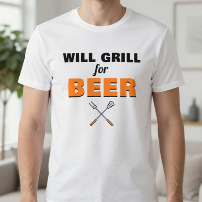 Will Grill For Beer Funny BBQ T-Shirt & Sweatshirt in White (T-Shirt), worn, our photo